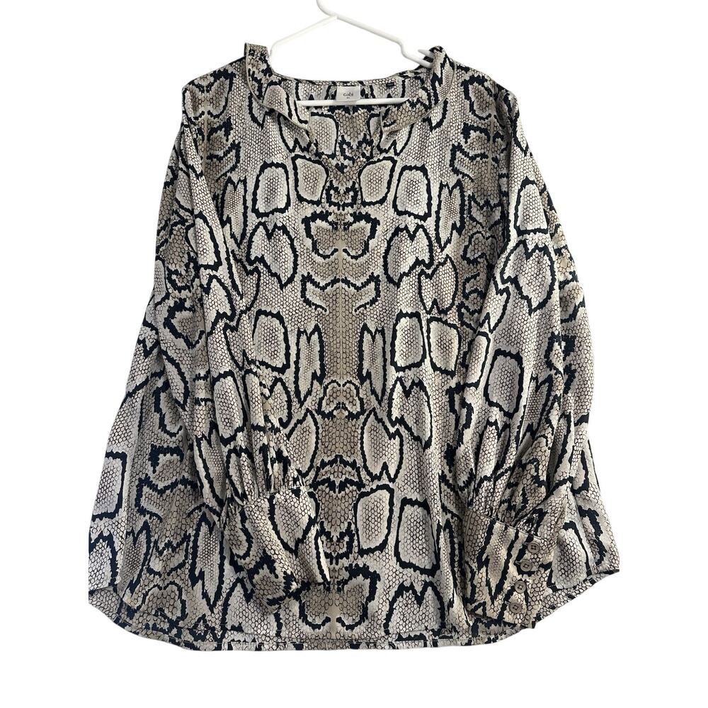 CAbi XL Snake Print Split Neck Long Sleeve Tunic Blouse Beige Black
